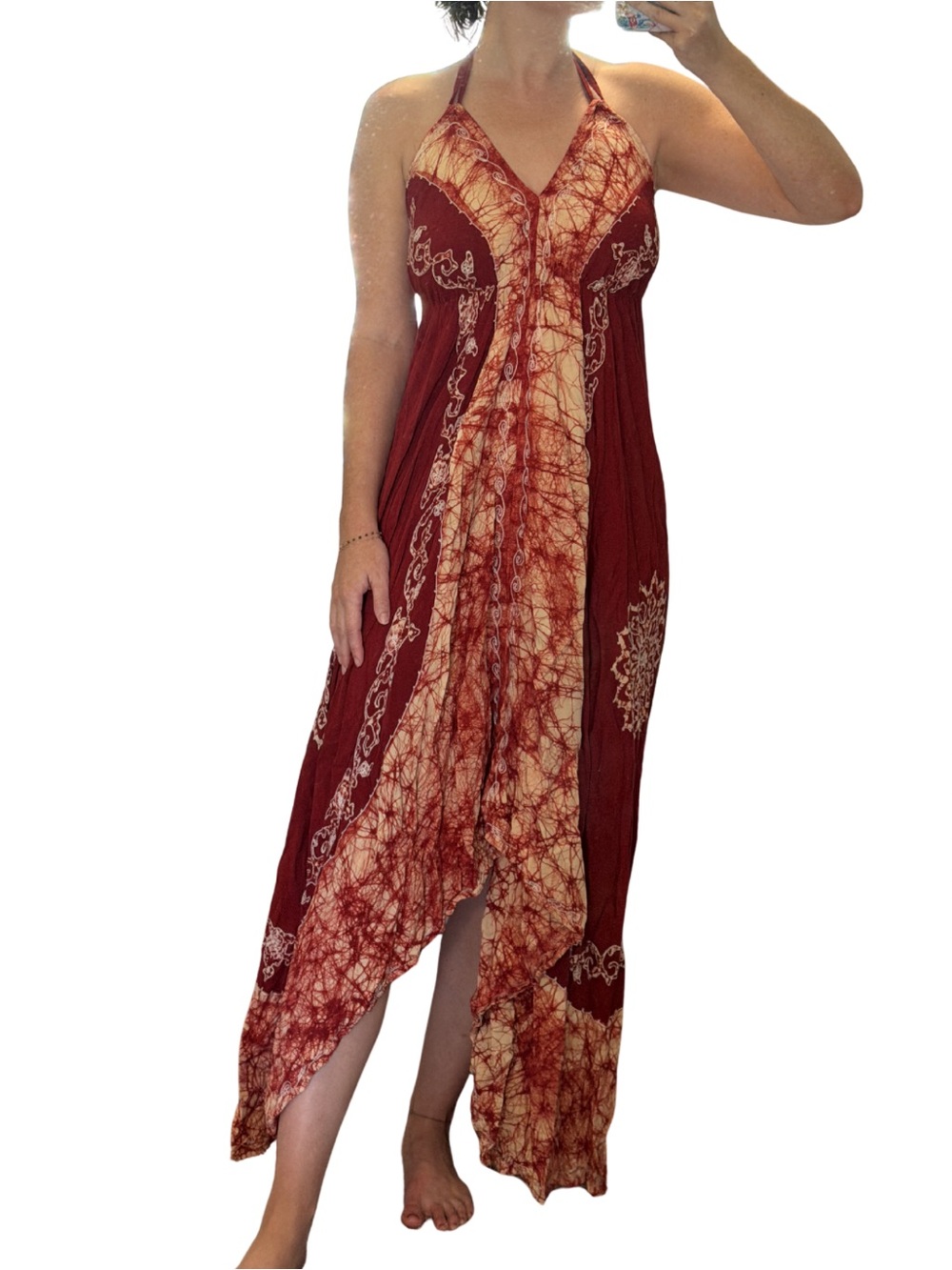 Monroe & Main Burgundy and Cream Tie-Dye Halter Maxi Dress